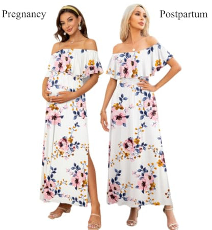 Off Shoulder Ruffle Sleeve Maternity Maxi Dress Side Slit - color: White Floral-hx131, size: Medium