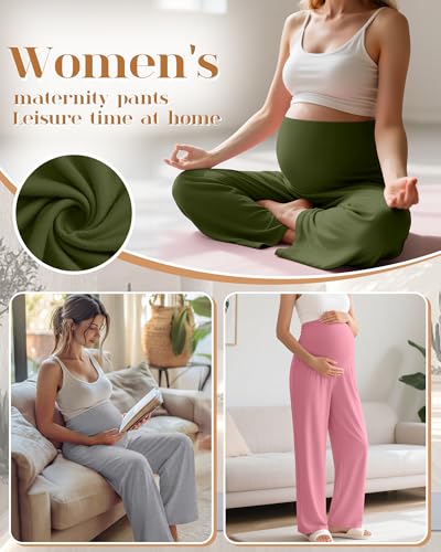 3 Pack Women's Maternity Lounge Pants with Pockets - color: Light Gray, Olive Green, Rose Pink, size: Large