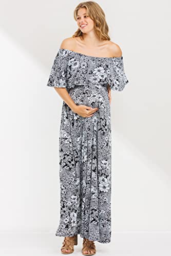 My Bump Women's Ruffle Off The Shoulder Maxi Maternity Dress-Made in USA - color: Blue Lbav, size: Large