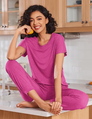Ekouaer 2 Pack Womens Pajama Short Sleeve Jogger Pants Pjs Lounge Set - color: Black and Hot Pink, size: Large