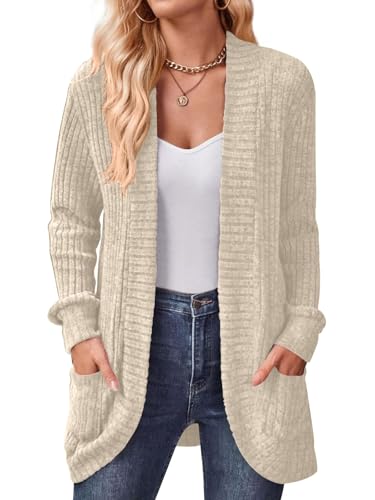 DB MOON Womens Long Cardigan Sweater Lightweight Open Front Long Sleeve Outfits with Pockets - color: Beige, size: Medium