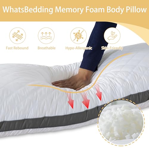 WhatsBedding Memory Foam Body Pillow with Cover, Long Bed Pillow for Adults - color: White Pillow+ Grey Pillowcase
