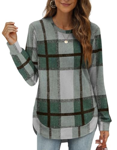 OFEEFAN Womens Sweatshirt Crewneck Long Sleeve Shirts High Low Tops Curved Hem - color: D-green Plaid, size: X-Large