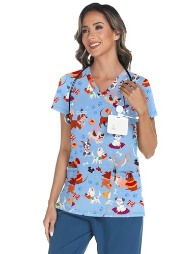 LOMON Women's V Neck Printed Scrub Top with 3 Pockets - color: Cute Dogs, size: Small