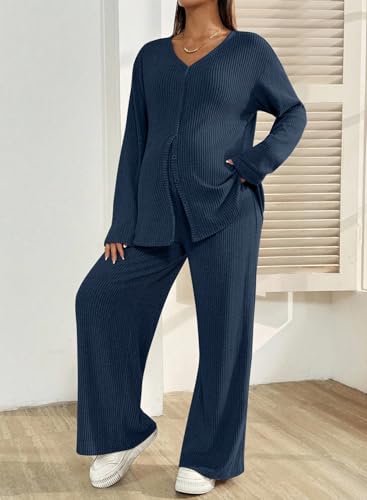 BLENCOT Maternity Lounge Set 2 Piece Long Sleeve Top and Pants with Pockets - color: Dark Blue, size: Large