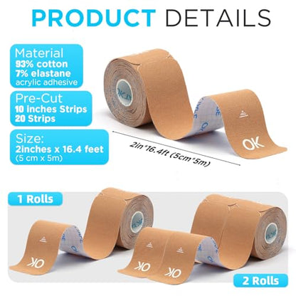 OK TAPE Kinesiology Tape 10" Precut 20 Strips Elastic Tape 2inx16ft - color: Black, size: 2 Rolls