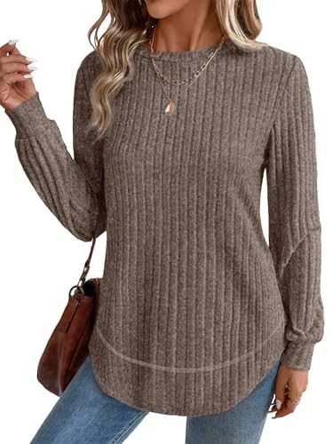 OFEEFAN Womens Sweaters Crew Neck Tunic Tops Long Sleeve Shirts Curved Hem - color: B-coffee, size: Small