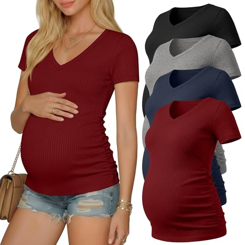 Neer 4 Pack Women's Maternity Shirts Short Sleeve - color: Black, Light Heather Gray, Navy Blue, Burgundy, size: Small