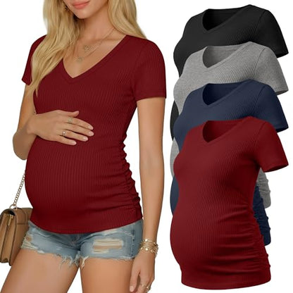 Neer 4 Pack Women's Maternity Shirts Short Sleeve - color: Black, Light Heather Gray, Navy Blue, Burgundy, size: Small
