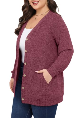 Lastshe Women Plus Size Cardigan Fall Thin Sweaters with Pockets 1X-5X - color: Red, size: 1X