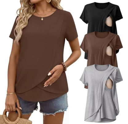 Ekouaer 3 Pack Nursing Shirts Short Sleeve Breastfeeding Tops Maternity Tee - color: Black/Brown/Light Gray, size: Medium