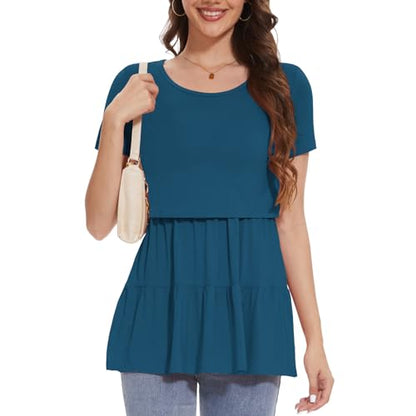 Bearsland Short Sleeve Nursing Top - color: Black & Vivid Blue & Deep Green, size: Medium