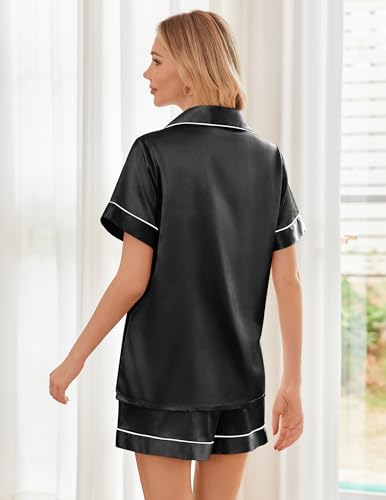 Ekouaer Womens Silk Satin Pajama Sets Soft Short Sleeve Button Up Sleepwear - color: Black, size: Medium