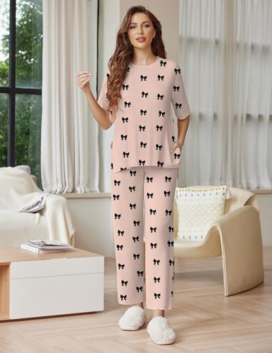 Ekouaer Lounge Sets for Women Soft Comfy Pajama Set 2 Piece Outfits - color: Beige Bow, size: XX-Large