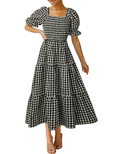 ZESICA Women's Summer Boho Gingham Puff Sleeve Square Neck Beach Midi Dress - color: Black, size: Large