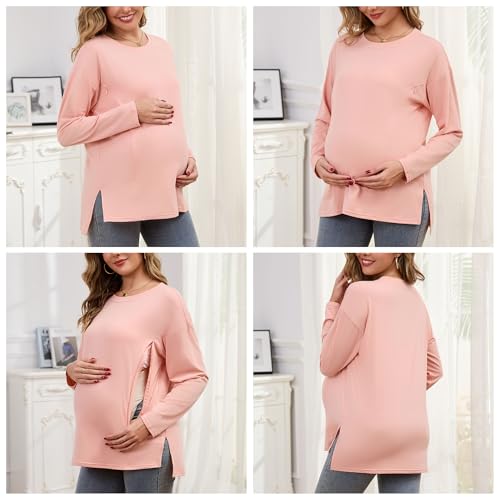 Women's Nursing Shirts Long Sleeve with Hidden Zipper Oversized Breastfeeding Tops Side Split Maternity Blouse - color: Dusty Pink, size: Medium