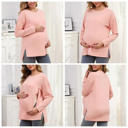 Women's Nursing Shirts Long Sleeve with Hidden Zipper Oversized Breastfeeding Tops Side Split Maternity Blouse - color: Dusty Pink, size: Medium