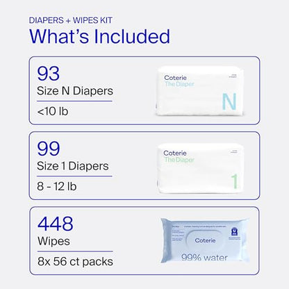 Coterie Baby Wipes + Diapers Kit, Size NB & Size 1 Diapers, 8-Pack Wipes