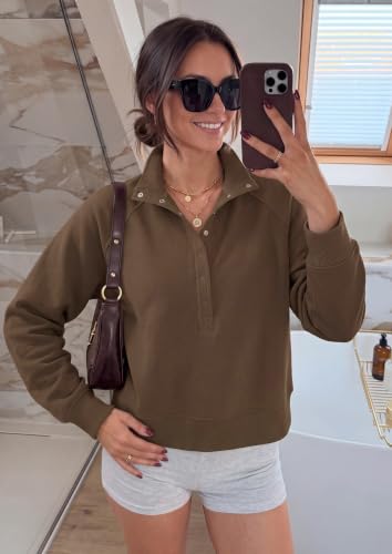 PRETTYGARDEN Women's Fall Oversized Sweatshirts Mock Neck Henley Pullover - color: Brown, size: XX-Large