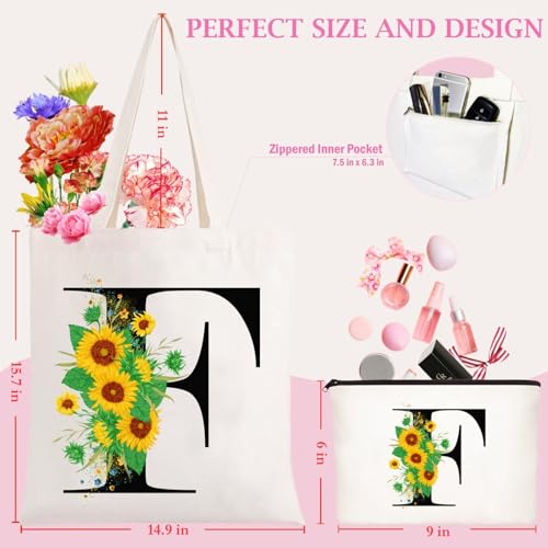 Andeiltech Initial Canvas Tote Bag Sunflower Letter Personalized Makeup Bag Monogrammed Gift for Bridesmaids Birthday Wedding - color: Sunflower Letter_f
