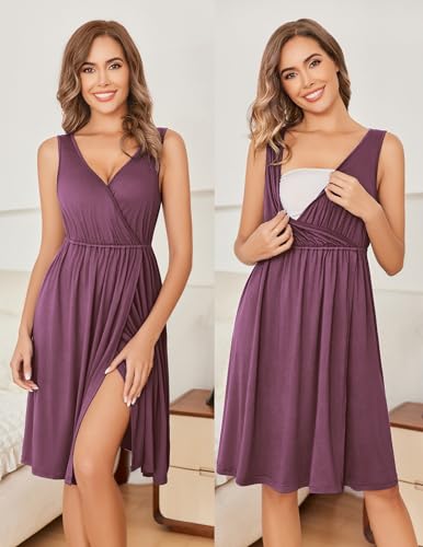 Ekouaer Maternity Nursing Gown and Robe Set Labor Delivery Nightgowns - color: Gray Purple, size: Medium