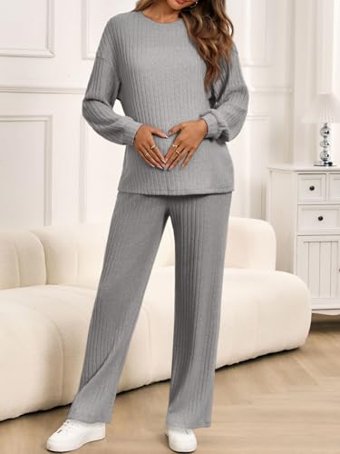 Yousify Womens Maternity Pajamas Sets 2 Piece Outfits Ribbed Knit Lounge Set - color: Grey, size: Small