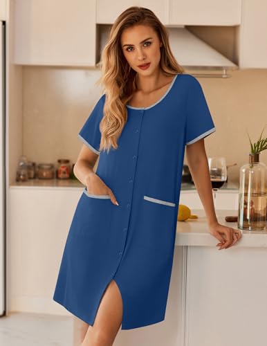 Ekouaer Nightgowns for Women Bamboo Viscose Button Sleep Shirt with Pockets - color: Navy, size: Small