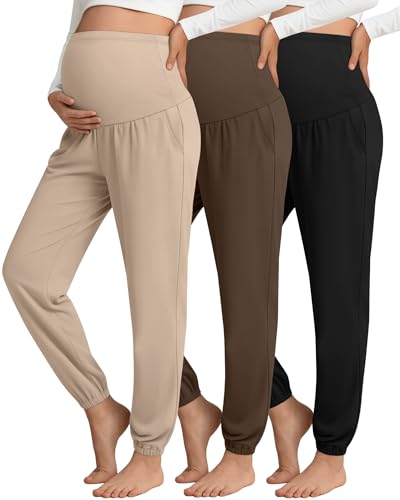 3 Pack Women's Maternity Jogger Pregnancy Sweatpants - color: Light Camel,brown, Black, size: XX-Large
