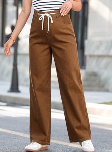 BLENCOT Maternity Jeans High Waisted Drawstring Straight Leg Denim Pants - color: Brown, size: Small