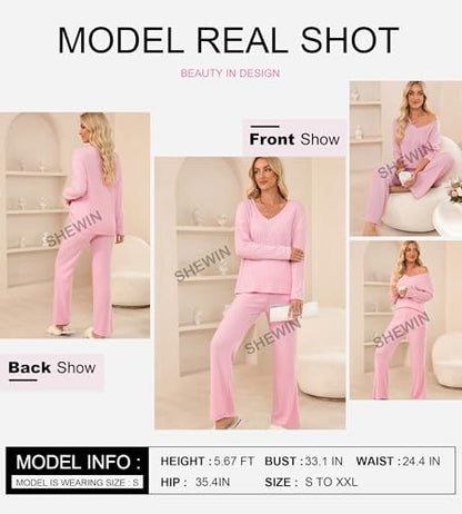 SHEWIN Women's Pajama Sets Ribbed Knit 2 Piece Lounge Sets - color: B Hot Pink, size: XX-Large
