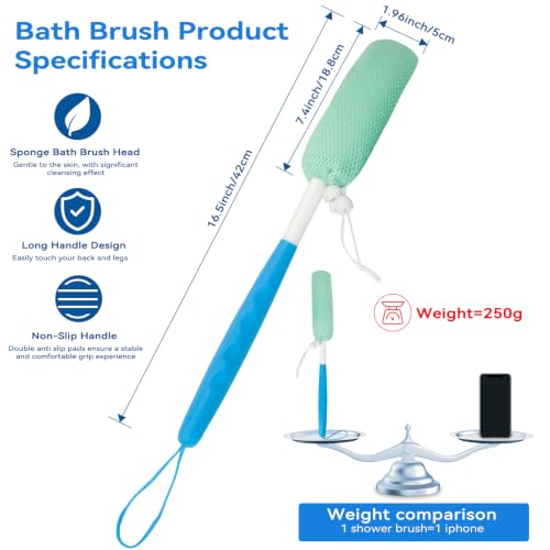 Back Scrubber for Shower,15.35"Curved Body Brush with Anti Slip Long Handle - size: Black+Blue Handle (Medium)