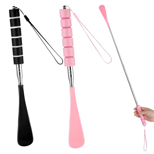 Ymapinc 2 Pack Shoe Horn Long Handle, Metal Telescopic Foldable Shoehorn - color: Black + Pink