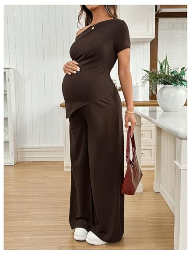 SweatyRocks Women's Maternity Sets 2 Piece Off The Shoulder Top and Pants - color: Brown, size: Medium