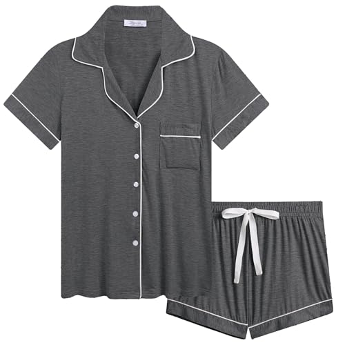 Cherrydew Women's Bamboo Viscose Cooling Button Up Pajama Shorts Set - color: Charcoal, size: Large