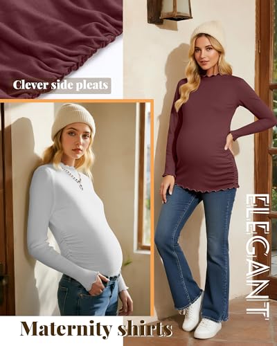 4 Pack Women Maternity Side Ruched Long Sleeve Shirts - color: Wine Red, Navy Blue, White, Black, size: Medium