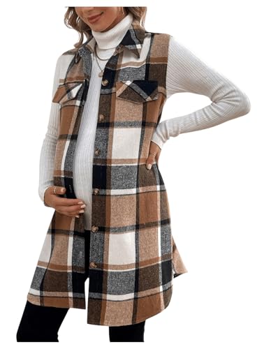 MakeMeChic Women's Maternity Plaid Flannel Vest Collared Pregnancy Coat - color: Brown, size: Large