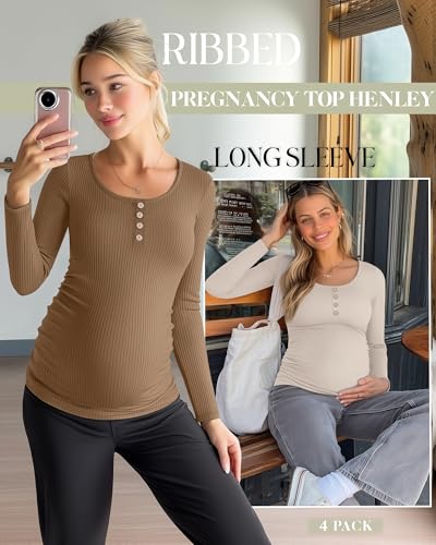 4 Pack Maternity Long Sleeve Shirts Pregnancy Tops - color: Black, White, Light Coffee, Apricot, size: Small