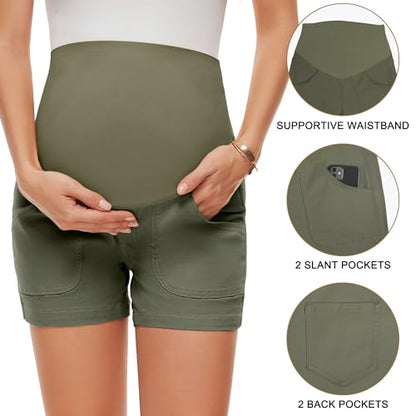 AMPOSH Women's Maternity Casual Cargo Shorts with Pockets Stretchy Summer Wear Pregnancy Clothes - color: Olive, size: Medium