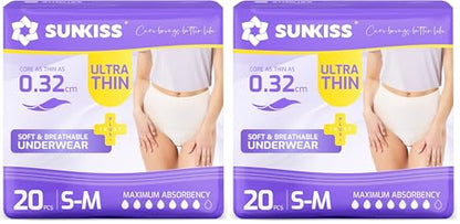 SUNKISS Ultra Thin Incontinence Underwear for Women, High Absorbency & Super Soft Postpartum Diapers, Disposable Adult Pull Ups, Small/Medium, 20 Count (Pack of 2) - size: Small/Medium (20 Count) (Pack of 2)