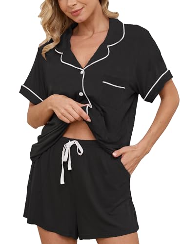 Womens Pajama Sets Short Sleeve Sleepwear Soft Button Down Nightwear Lounge Pj Set XS-XXL - color: A-black, size: X-Small