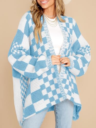 Saodimallsu Womens Checkered Cardigan Sweater - color: Blue, size: X-Large