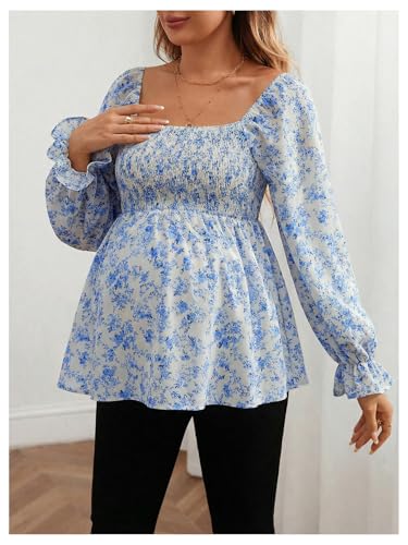 MakeMeChic Women's Maternity Blouse Long Sleeve Ruffle Peplum Dressy Shirts - color: Blue, size: Small