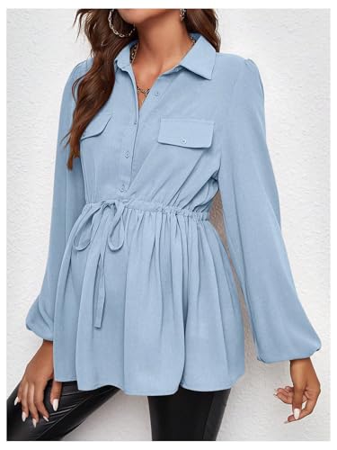 MakeMeChic Women's Maternity Blouse Long Sleeve Belted Button Down Tops - color: Blue, size: Medium