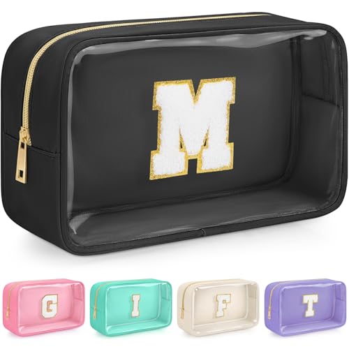 Initial Clear Makeup Bag, Birthday Gift Chenille Patch Cosmetic Bag - color: Black, size: M