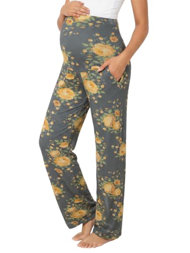 Summer Mae Viscose Maternity Pants Pregnancy Pajama Lounge Pant with Pocket - color: Grey Marigold, size: Large