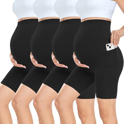 CTHH 4 Pack Soft Maternity Biker Shorts Over Belly with Pockets 8" - color: 02- 4 Pack Black, size: Large