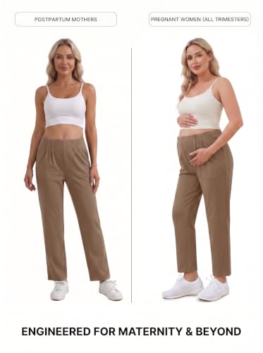 BLENCOT Maternity Work Pants Over Belly Adjustable Pregnancy Comfy Office - color: Dark Khaki, size: Large