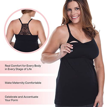 Leading Lady, Lace Back Nursing Tank for Women, Racerback Design, Built-In Bra, One Hand Nursing Clasps, Fold-Down Cups - color: Black, size: Small