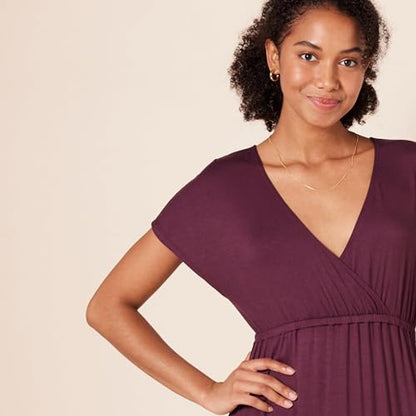 Amazon Essentials Women's V Neck Short Sleeve Empire Waist Maxi Dress (Available in Plus Size) - color: Burgundy, size: X-Small