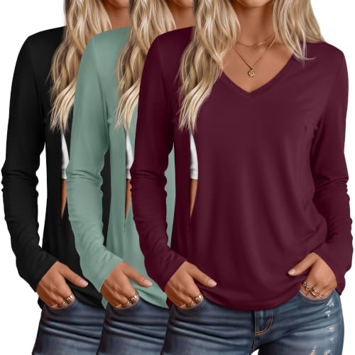 Huukeay 3 Pack Maternity Nursing Tops Breastfeeding Shirts - color: Black, Gray Green, Burgundy, size: Large